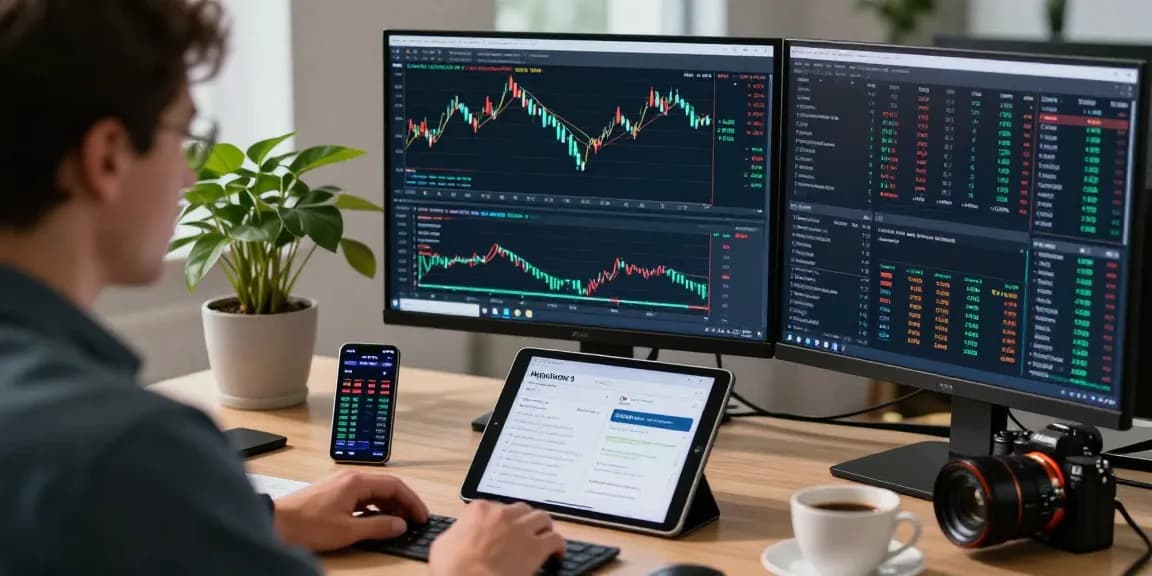 Trader using MetaTrader 5 platform with advanced charts, smartphone with exchange rates, and tablet displaying strategies in a professional office.