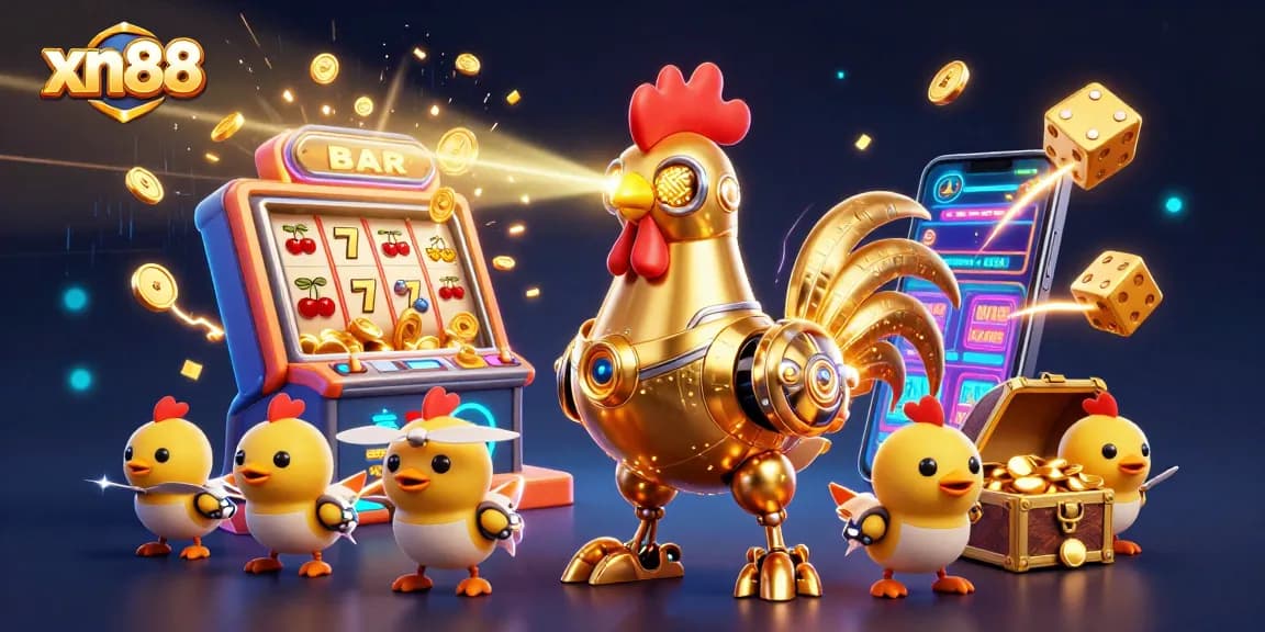 Experience the excitement of xn88 with a golden rooster robot amidst a jackpot explosion of casino games.