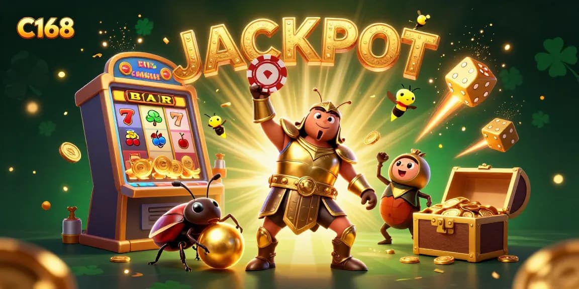 C168 players celebrate a winning jackpot with vibrant casino elements and dynamic characters in a lively digital illustration.