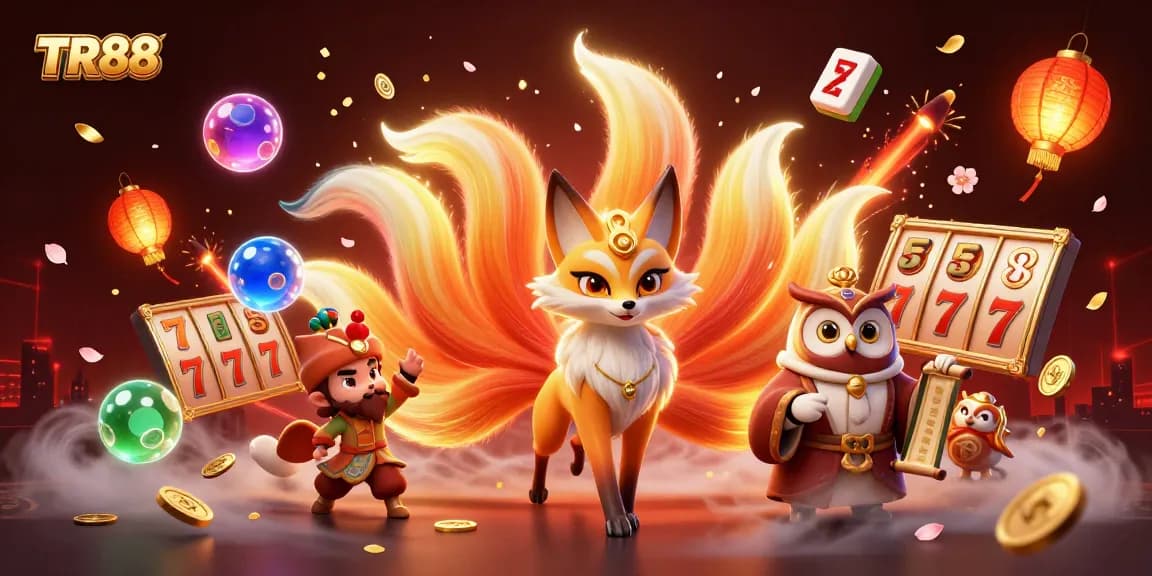 Engage with TR88 in an immersive 3D casino scene featuring glowing characters and vibrant game elements.