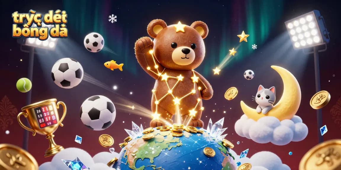 Experience vibrant trực tiếp bóng đá with dynamic sports balls and a celestial bear in a captivating scene.
