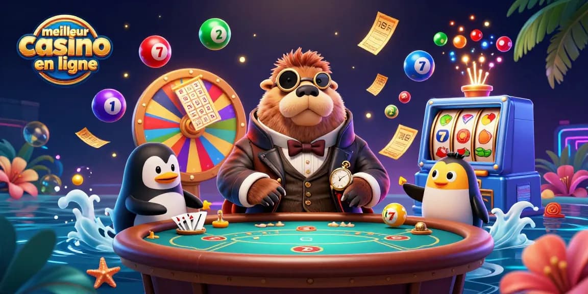 Illustration immersive d'un meilleur casino en ligne avec un morse et un jeu de poker sous-marin.