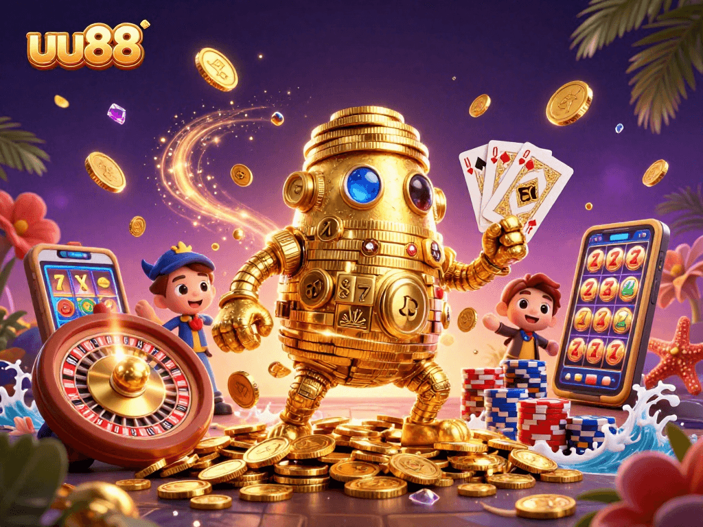 Experience thrilling adventures with the uu88 brand in this vibrant casino-themed illustration.