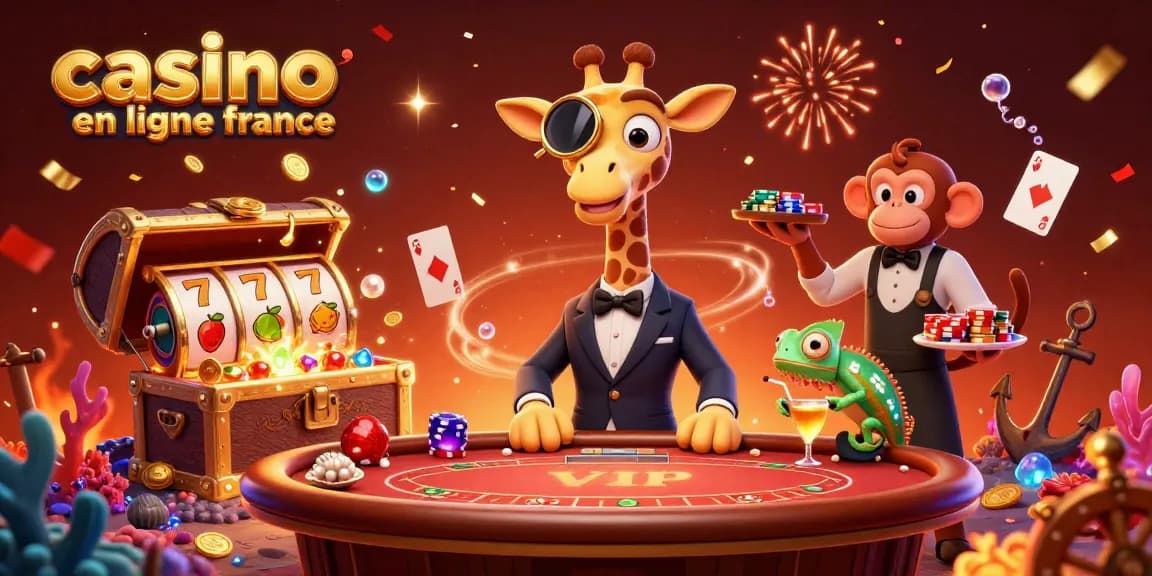 Découvrez l'univers vivant de casino en ligne france avec une girafe croupier, un valet et un barman en scène dynamique.