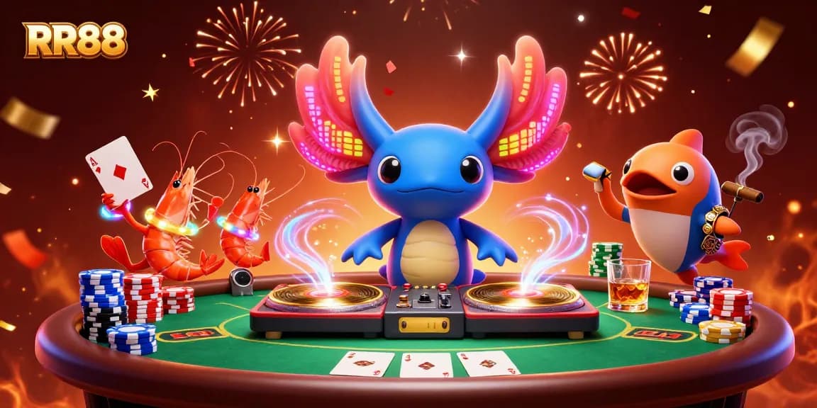 Experience RR88 with vibrant axolotl DJ and festive poker elements for top gaming thrills.