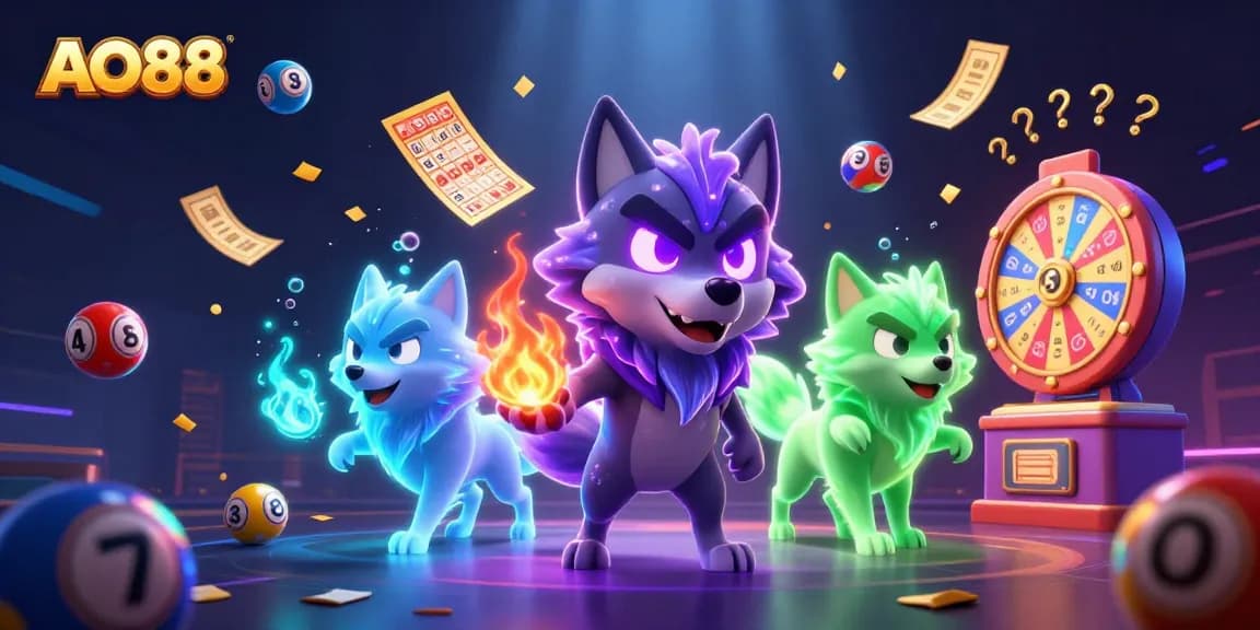Engage with AO88's exciting world of gaming featuring a glowing wolf pack leading a dynamic scene of lottery and casino elements.