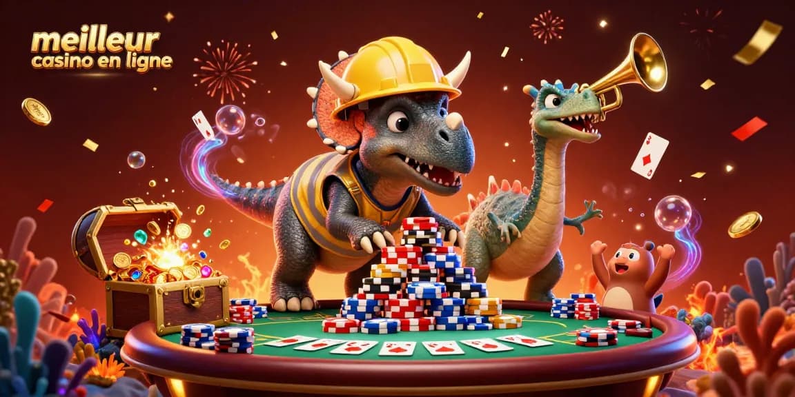 Scène festive joyeuse de triceratops et parasaurolophus célébrant au meilleur casino en ligne avec des jetons de poker.