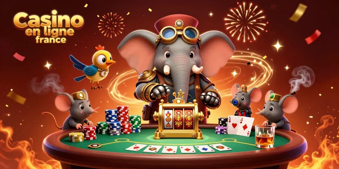 illustration dynamique de casino en ligne France avec un éléphant steampunk et des jeux de poker