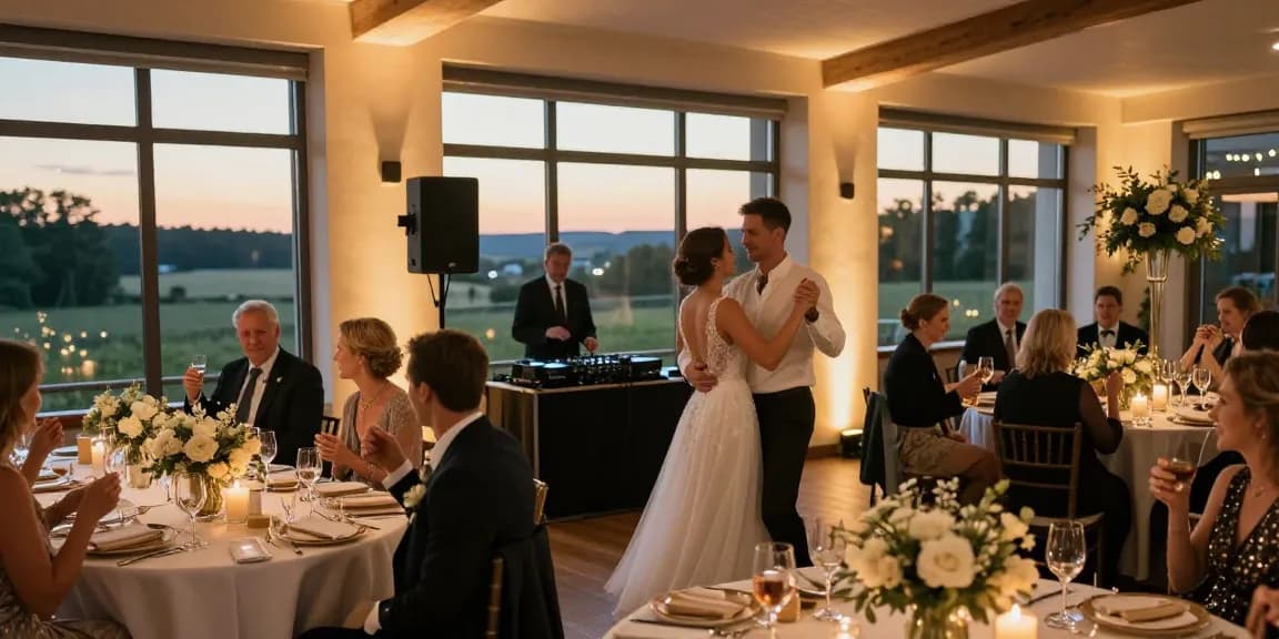 Hochzeit DJ Brandenburg bei romantischer Hochzeitsfeier mit tanzendem Paar und eleganten Tischdekorationen.