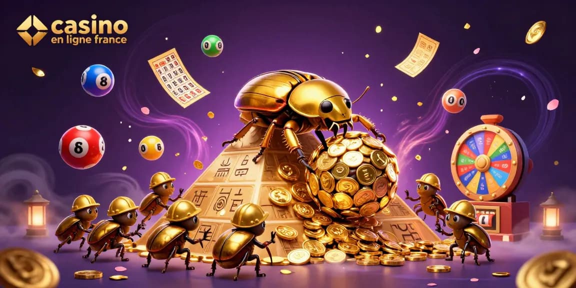 Illustrez le slogan de casino en ligne france avec des coccinelles dorées sur une pyramide remplie de pièces.