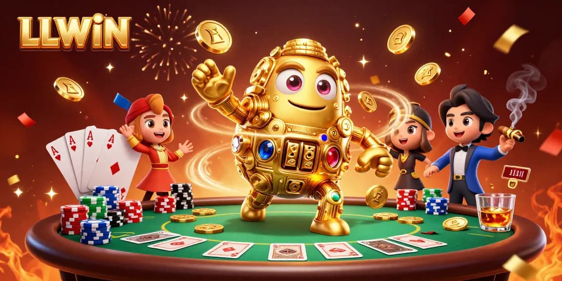 Experience thrilling action at LLWIN, featuring a golden golem surrounded by vibrant poker game elements.