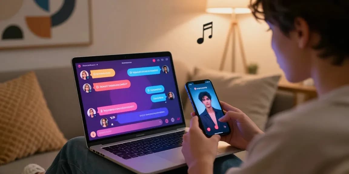 Engaging in ai chat nsfw with a virtual character on a cozy laptop setup, showcasing colorful chat interface and relaxed atmosphere.