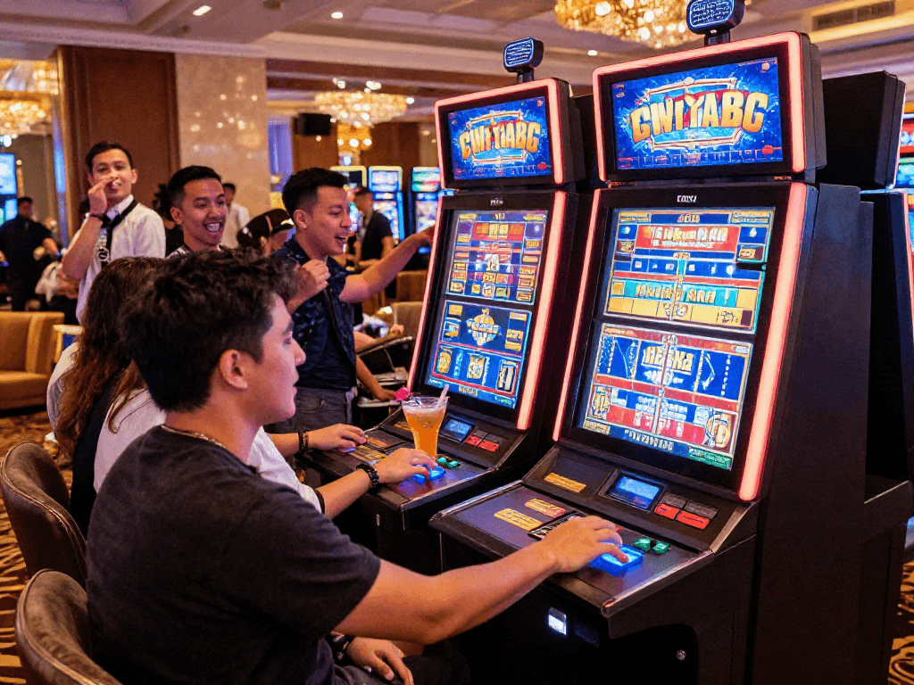 Dewa slot88 gaming scene with excited players at a vibrant slot machine in a modern casino.