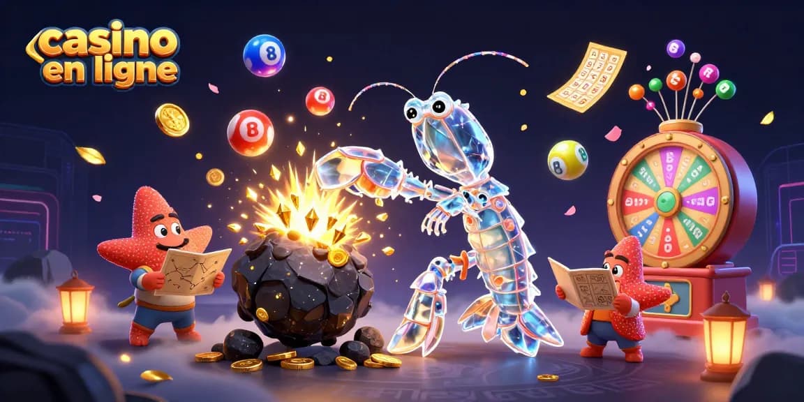 Jouez sur un casino en ligne avec une ambiance dynamique, incluant des boules de loterie colorées et un décor lumineux.