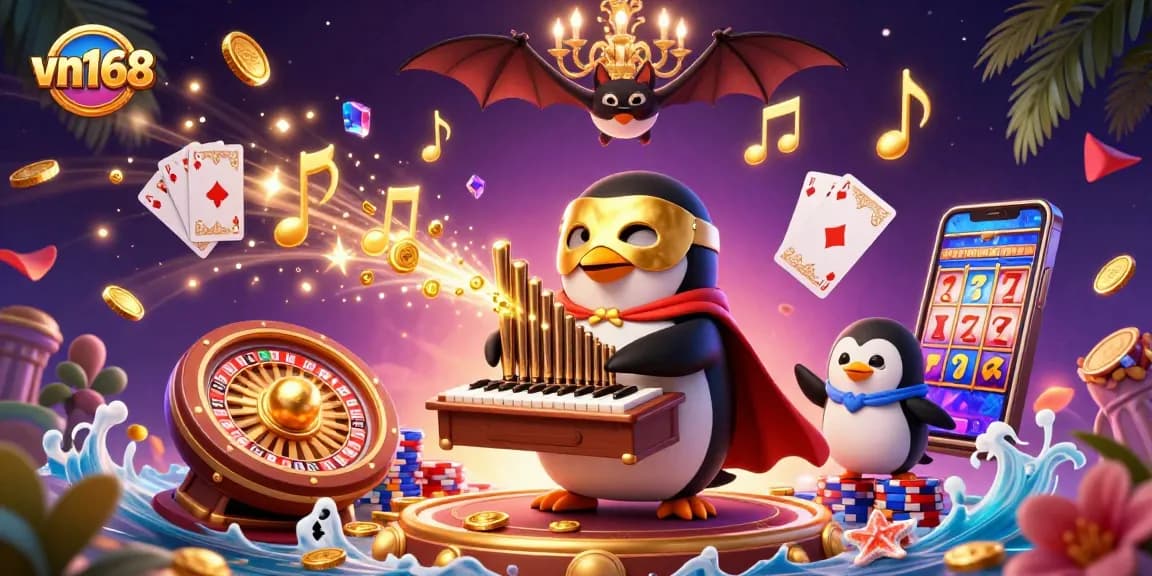 Experience thrilling gaming at vn168 with a dynamic 3D casino scene featuring engaging characters and vibrant game elements.