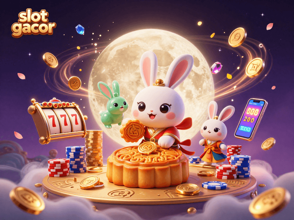 Engage with slot gacor while witnessing a lively lunar scene of a moon rabbit surrounded by slot elements and treasure.