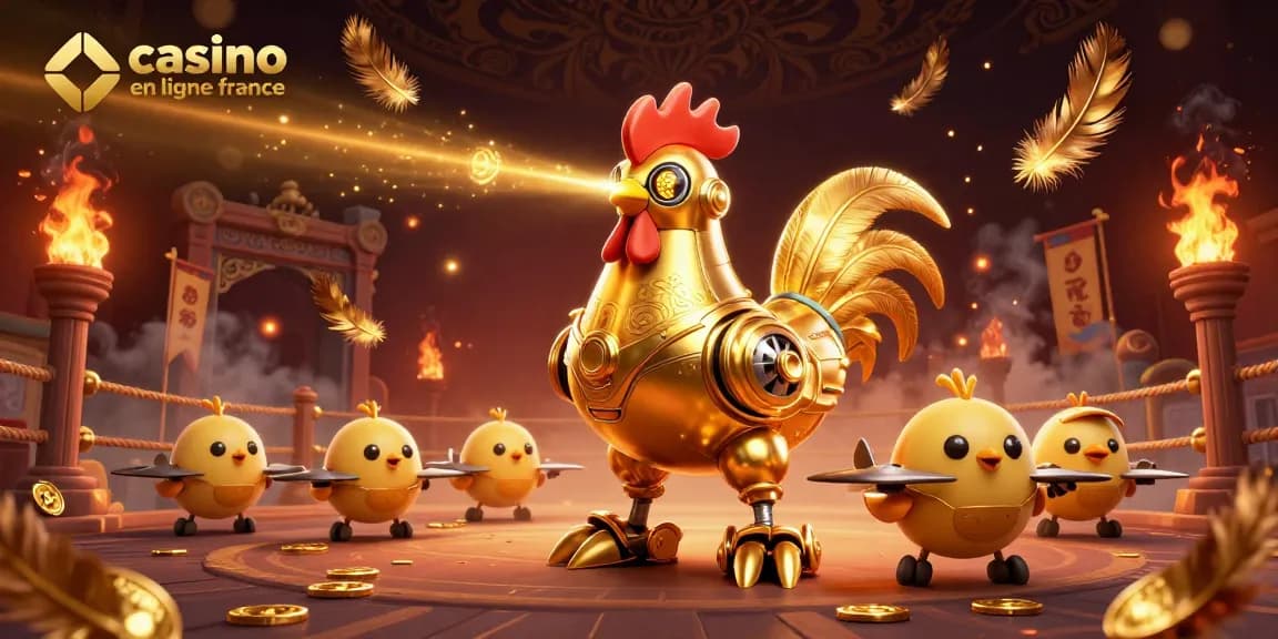 Jouez dans un casino en ligne France avec une illustration captivante d'un robot coq doré.