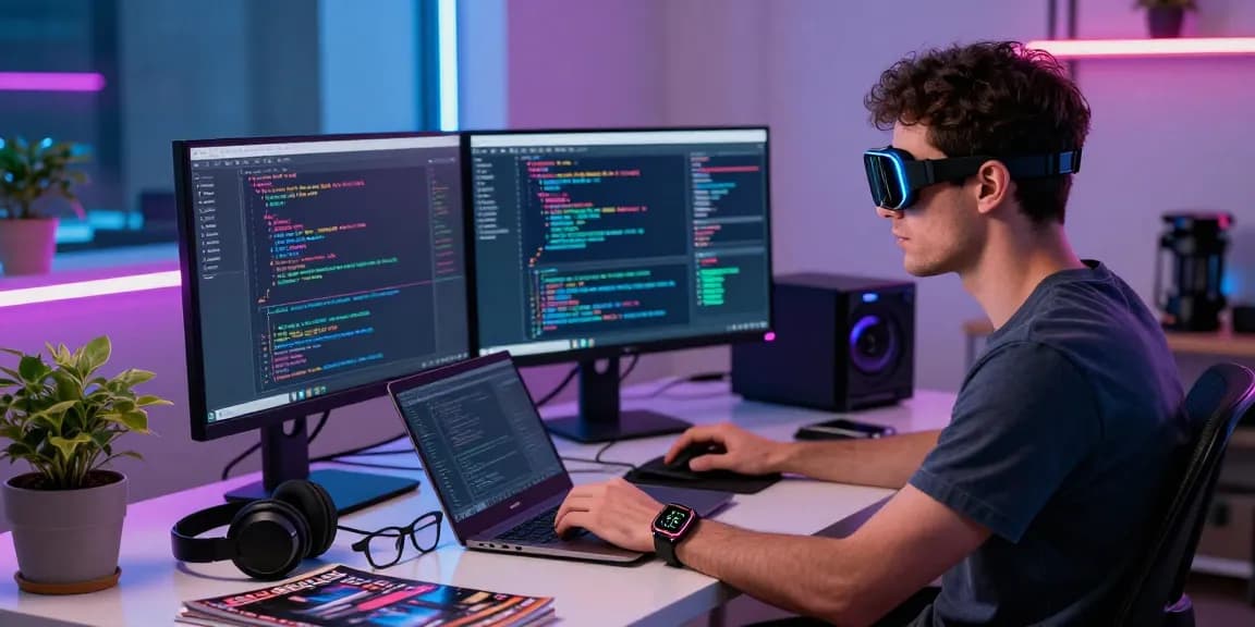Person using AI wearables while coding, surrounded by tech gadgets in a modern workspace.
