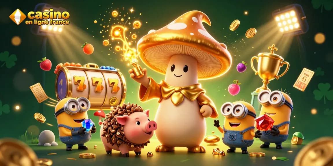 Illustration dynamique "casino en ligne France" avec un wizard doré, un cochon et des gemmes.