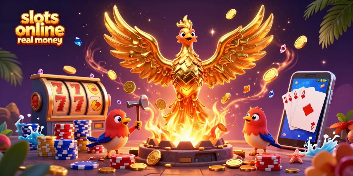Experience the excitement of slots online real money with a dynamic 3D illustration of a golden phoenix and vibrant casino elements.