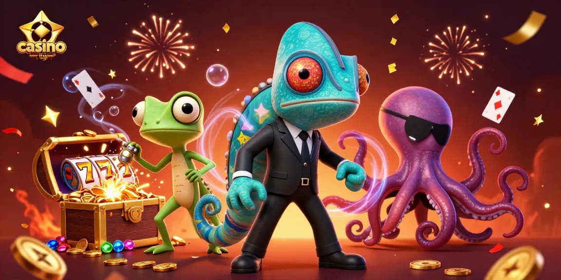 Plongez dans l'action des jeux de casino en ligne avec un caméléon agent secret et un octopus, entourés de joyaux et de bingo.