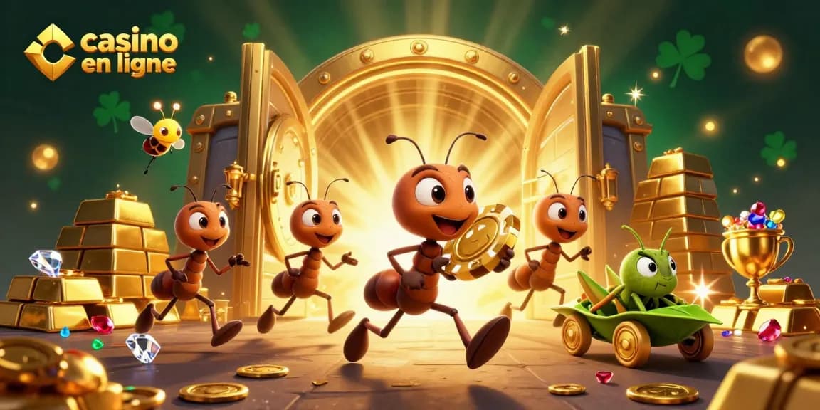 Les fourmis volent un jeton de poker géant au casino en ligne avec des sceaux d'or et des joyaux