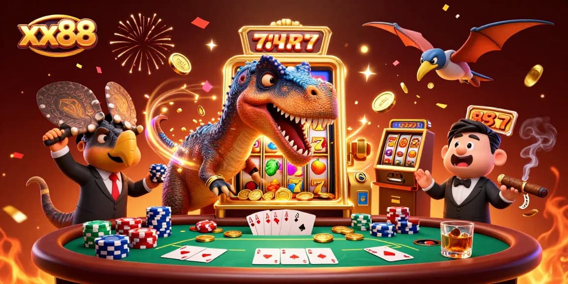 xx88 jackpot celebration with dinosaurs, golden coins, and a vibrant casino scene