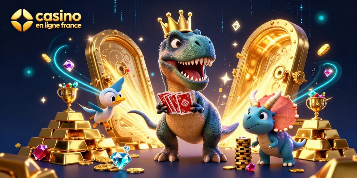 Illustration colorée de casino en ligne France avec T-Rex, des cartes et des jetons d'or