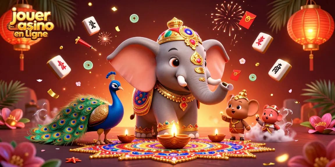 Jouer au casino en ligne avec un éléphant décoré et un paon, ambiance festive et jeux d'argent.