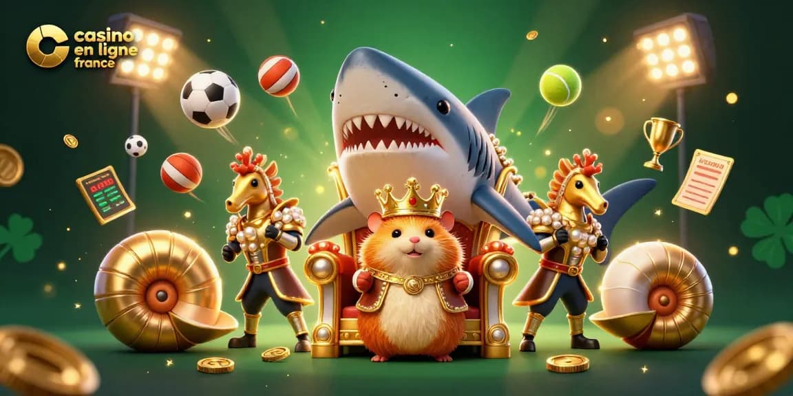 Découvrez la magie du casino en ligne France avec un roi hamster sur son trône, entouré d'éléments de jeu.