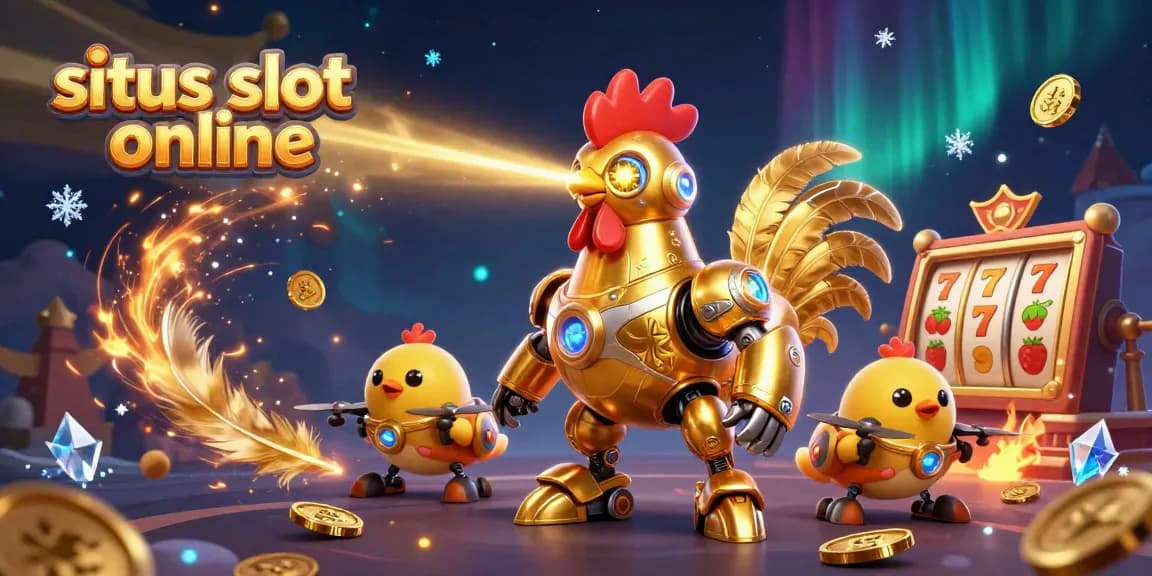 Experience the thrill of situs slot online with vibrant 3D robots and lucky jackpot symbols in a dynamic scene.