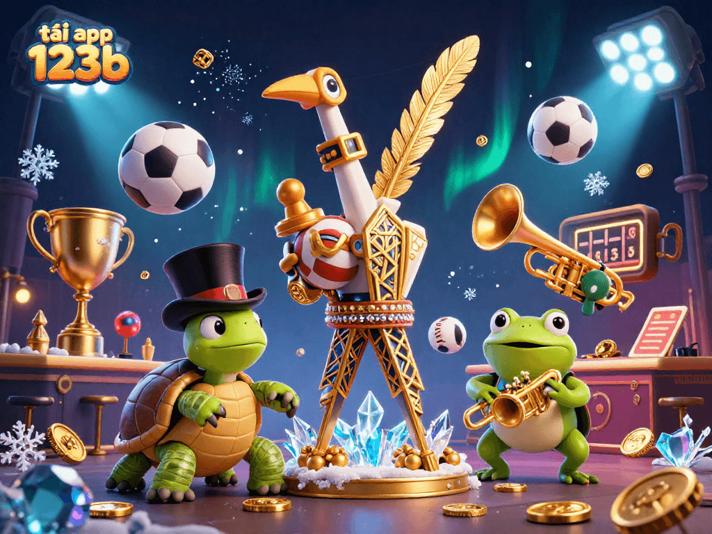 Engage with the tải app 123b by experiencing a vibrant 3D casino scene full of animated characters and exciting sports elements.