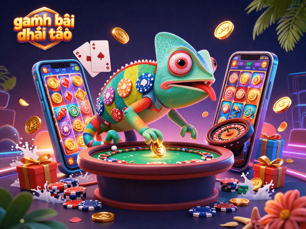 Engage in game đánh bài đổi thưởng with vibrant 3D chameleon casino owner sweeping up golden coins