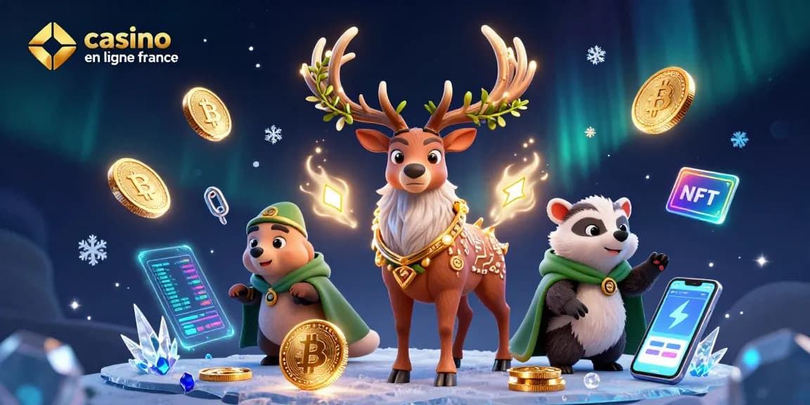 Jouez au casino en ligne en France avec des personnages animés entourés de symboles de cryptomonnaies.