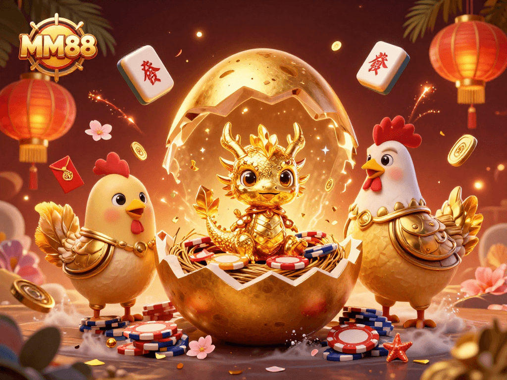Experience thrilling casino excitement at MM88 with a golden dragon and poker chips surrounded by festive elements.