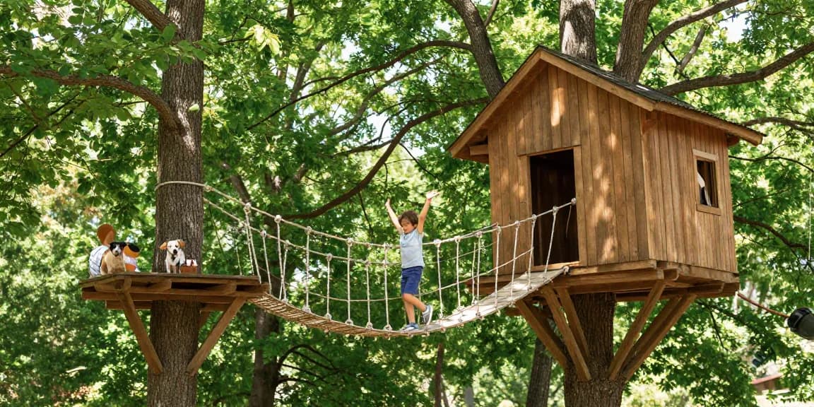 Child crossing a rope bridge between treehouses, surrounded by nature.