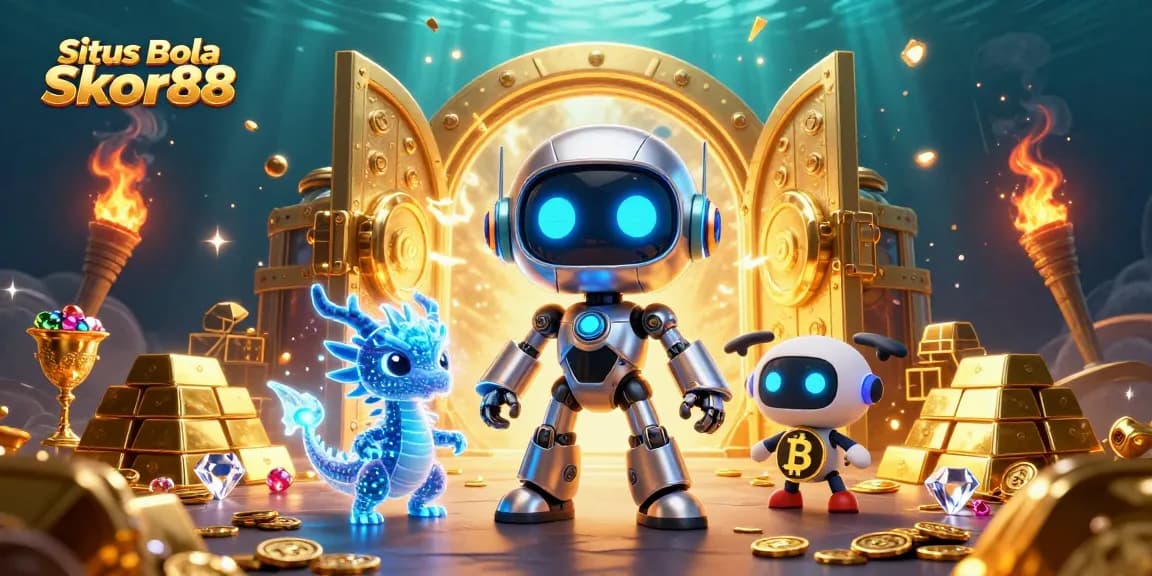 Situs Bola Skor88 presents an engaging scene with animated characters diving into sports betting excitement.