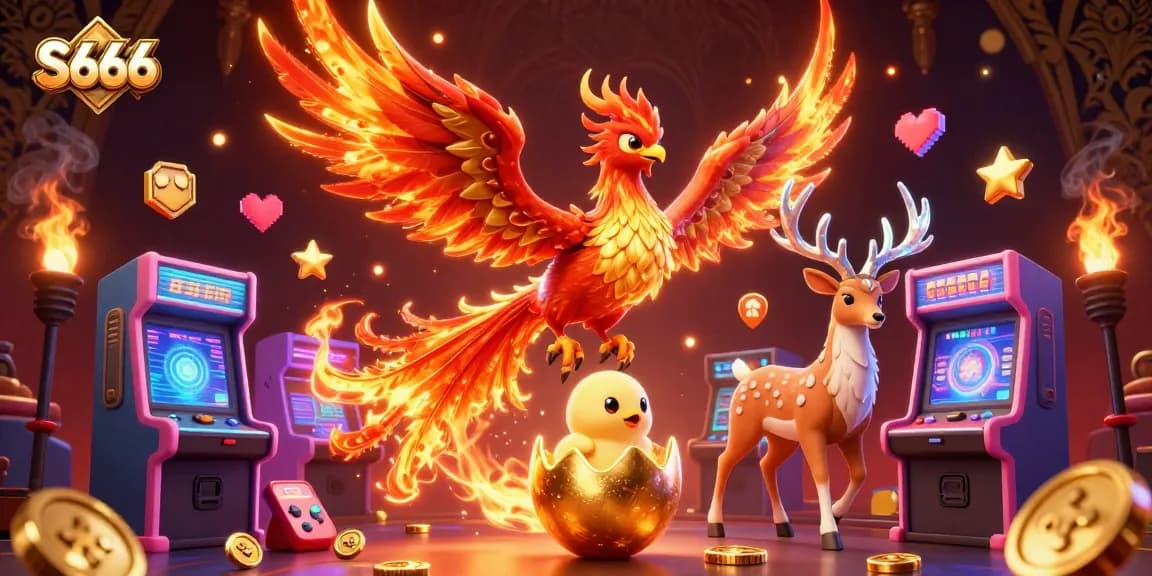 S666 showcases an exciting casino scene with a phoenix and gaming elements, inviting players to indulge.