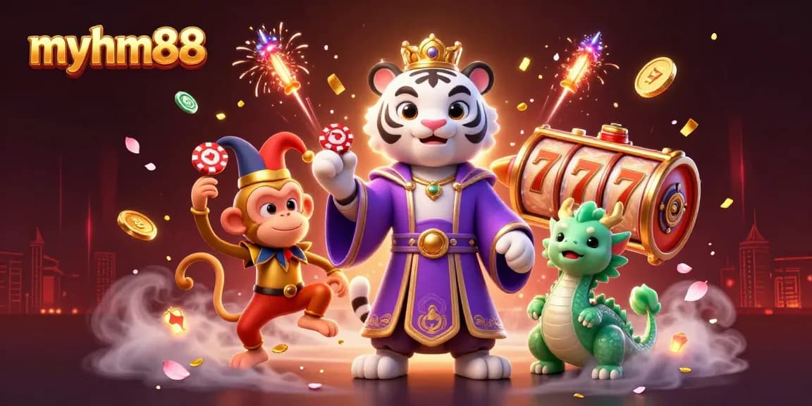 Engage with the vibrant excitement of myhm88, a dynamic online casino experience filled with spinning slot reels and lively characters.