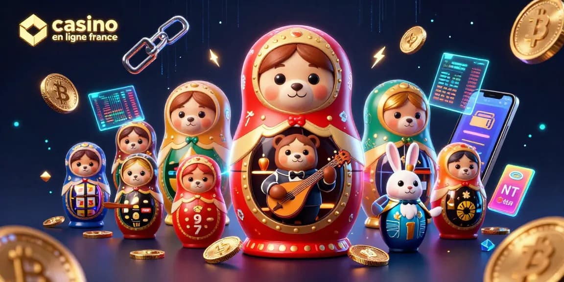 Casino en ligne France : Des ours en tenues de croupiers avec des bitcoins et des effets néon au sein d'une illustration animée