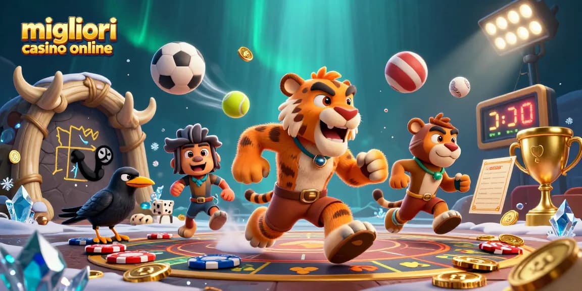 Scopri i migliori casino online, un'illustrazione 3D vivace con personaggi e elementi del gioco.