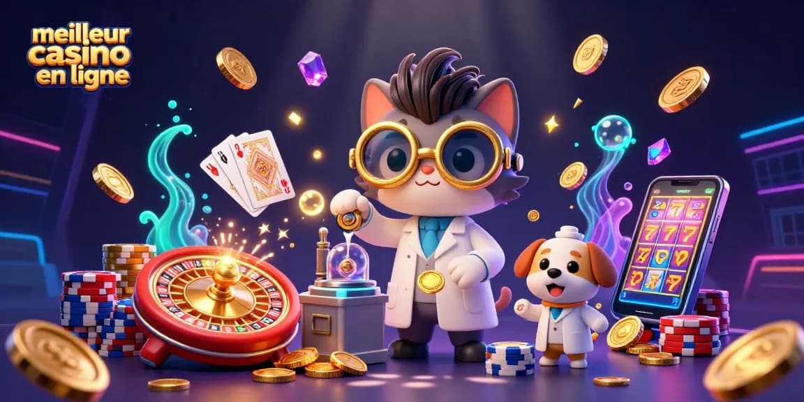 Illustration présentant un chat scientifique fou créant des pièces d'or, démontrant le meilleur casino en ligne.