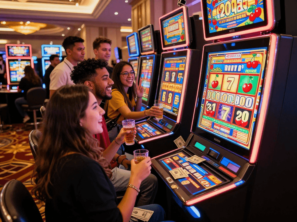 Celebrating friends winning a slot jackpot on a vibrant casino floor