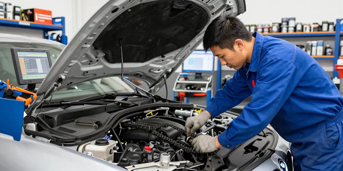 BMW steuerkette wechseln in einer professionellen Werkstatt mit einem Mechaniker.