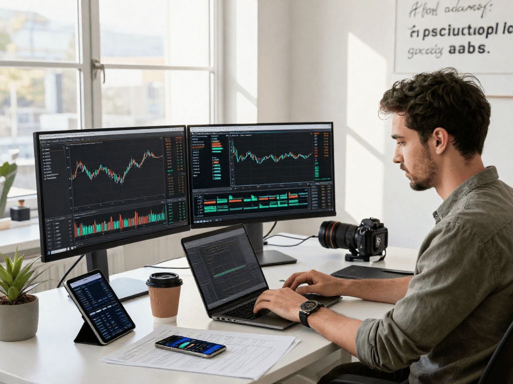 Developer analyzing forex backtesting data in a modern office setup with dual monitors and trading apps.