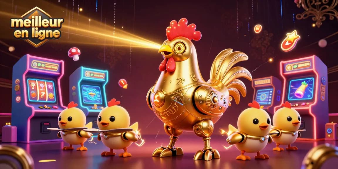 Visitez le meilleur casino en ligne avec des machines à sous colorées et un robot poulet futuriste.
