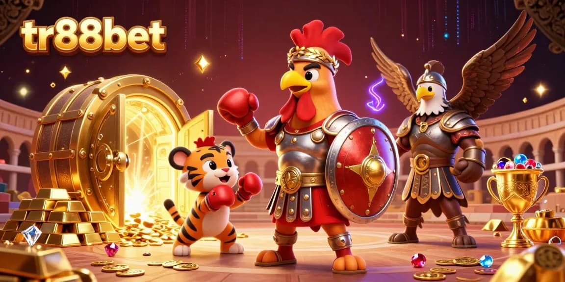 Engage with tr88bet's thrilling 3D casino adventure featuring a gladiator rooster and vibrant treasure.