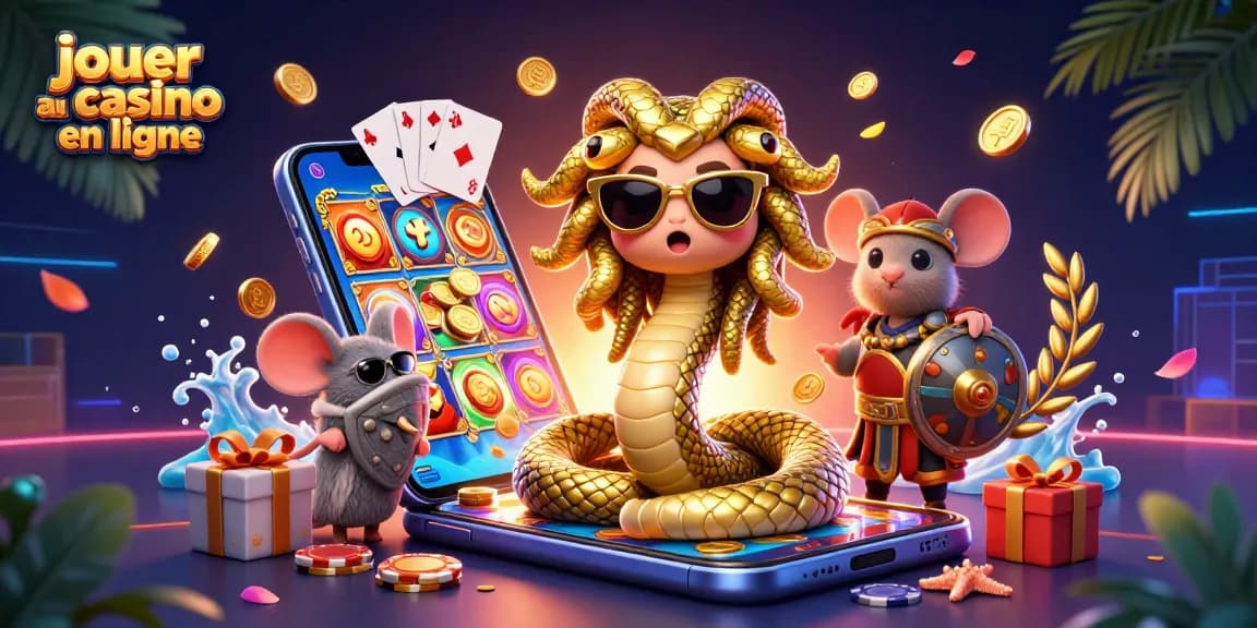 Jouer au casino en ligne avec Medusa et un guerrier souris entourés de jeux de casino et de gains.