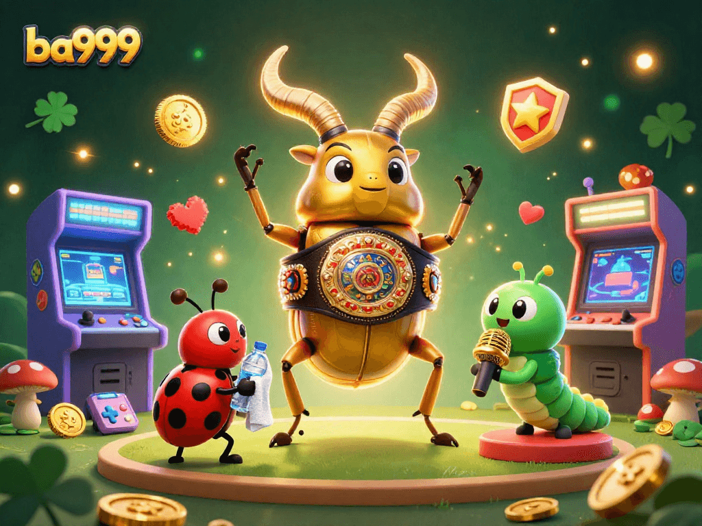 Experience the excitement of ba999 with a vibrant 3D gaming scene featuring a mascot boxing champion beetle surrounded by arcade games.