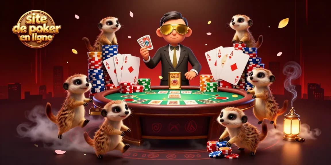 Les meerkats animant un site de poker en ligne avec des cartes, des jetons et des prix